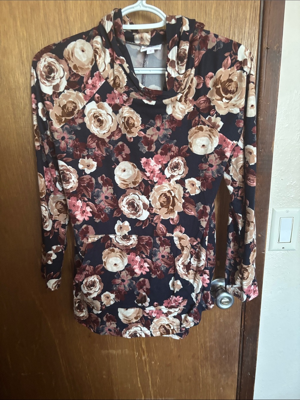 LuLaRoe Black Floral Cowl Neck Hoodie with Pink & Cream Roses